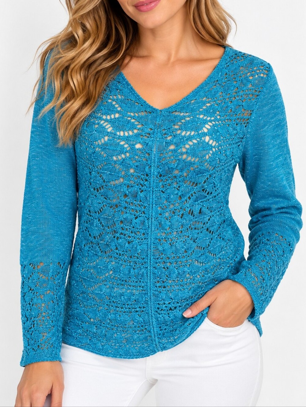 CHICO'S | Women's Turquoise Blue Open-Knit Pullover Sweater. Size 1 / M